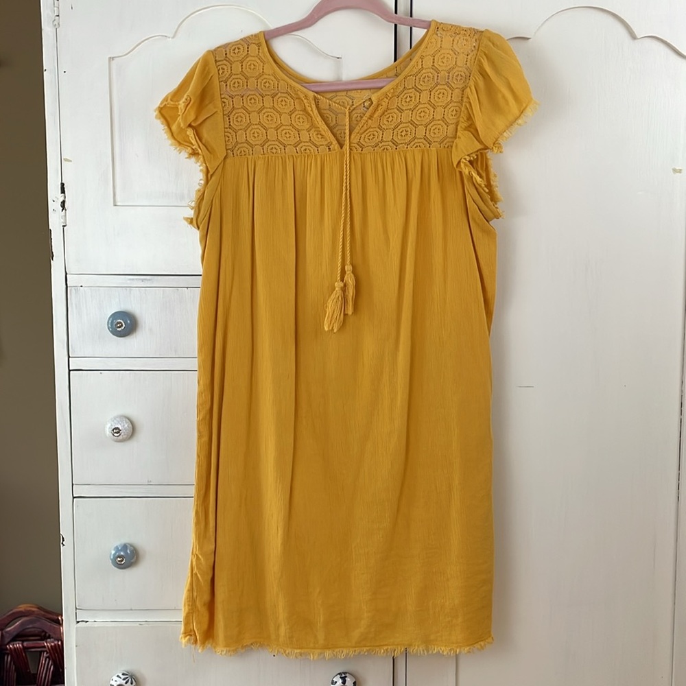 True Craft dress boho Mustard Mini with Lace Accents L - Picture 3 of 9